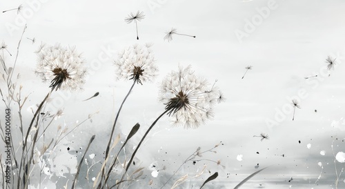 Watercolor-style dandelions with floating seeds against a soft, misty gray background