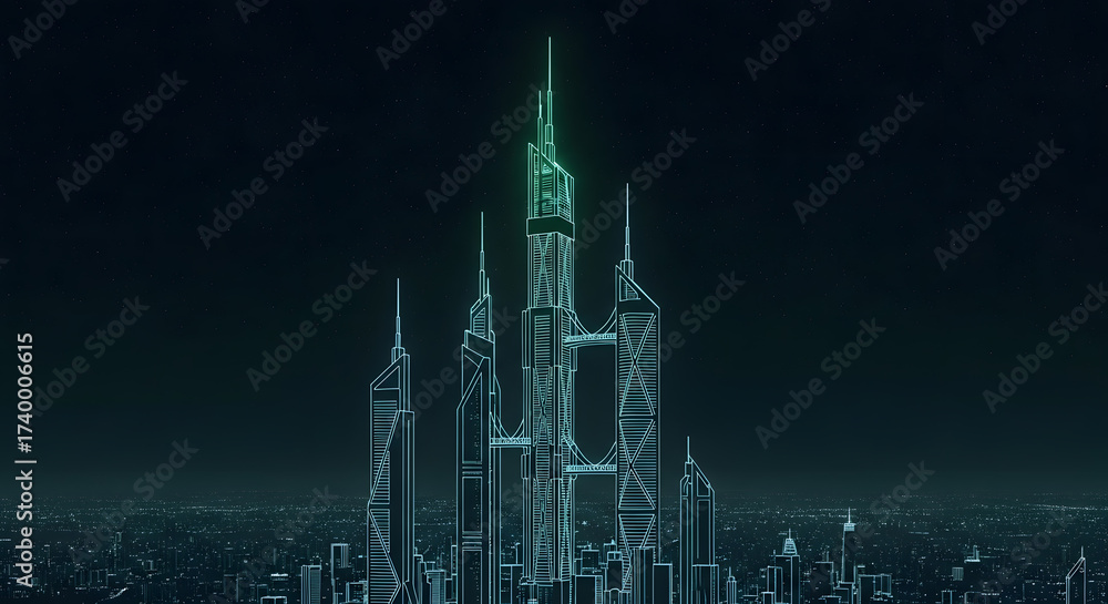 Fototapeta premium Futuristic cityscape with glowing neon towers at night
