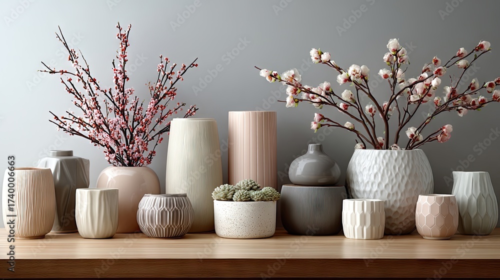 Fototapeta premium Colorful floral arrangements in modern pots displayed on a minimalistic surface creating a serene indoor garden atmosphere