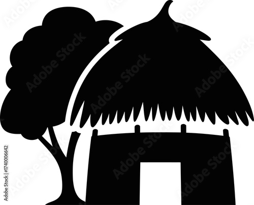 African Thatched Hut and Tree Silhouette
