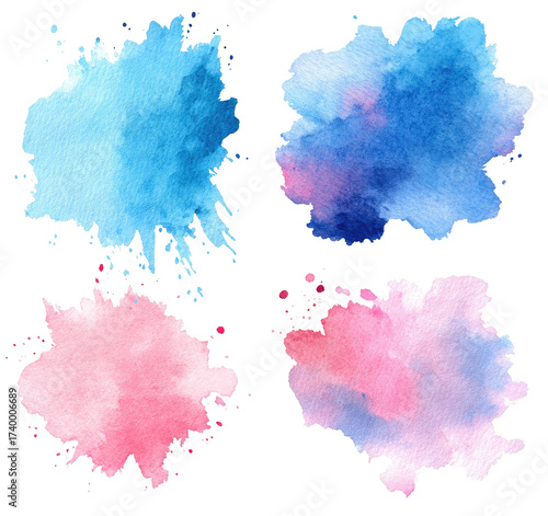 Four abstract watercolor blots in shades of blue and pink