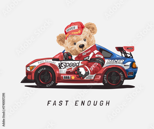 bear doll in racing car vector illustration - drawn by hand