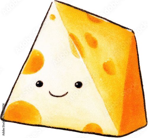 Cute Cartoon Cheese Wedge with Smiling Face and Holes.
