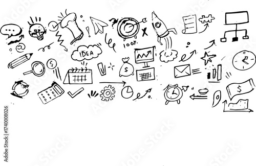Hand Drawn Business Doodle Icons Set – Startup, Finance, Planning and Productivity Sketch Elements