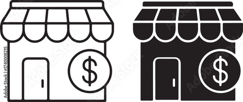 Illustration of a store with a dollar sign, , depicting commerce and retail in a simple, modern style suitable for web design and financial applications on