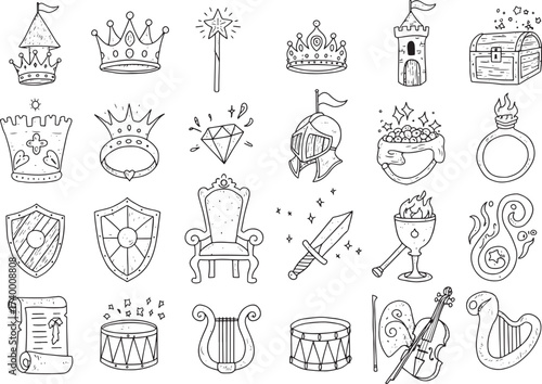 Doodle Hand Drawn Fairytale Royal Medieval Accessories Icons Set Vector Illustration