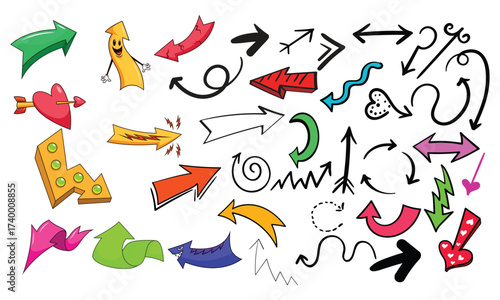 Colorful and Creative Arrow Collection Whimsical Hand Drawn Designs for Directional Signage and Graphic Elements Variety of Styles and Concepts