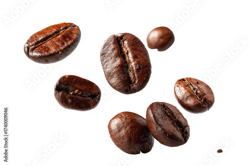 Roasted coffee beans, dark brown, scattered in the air