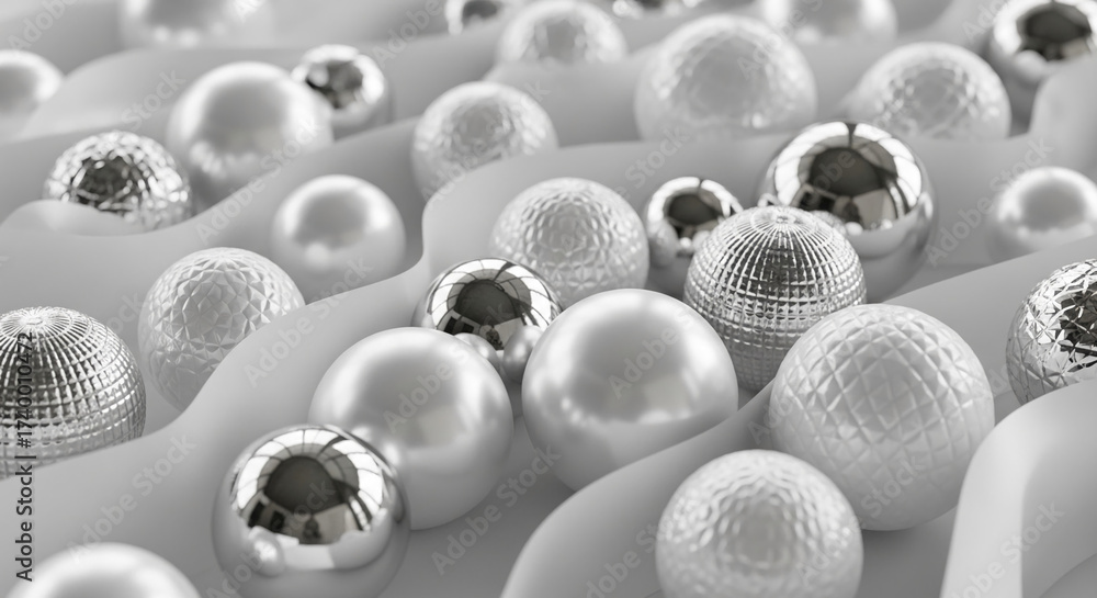 Fototapeta premium Silver and white spheres arranged in wavy lines, creating a sleek, modern designShowcase of elegant texture and form, ideal for luxury or minimalist branding