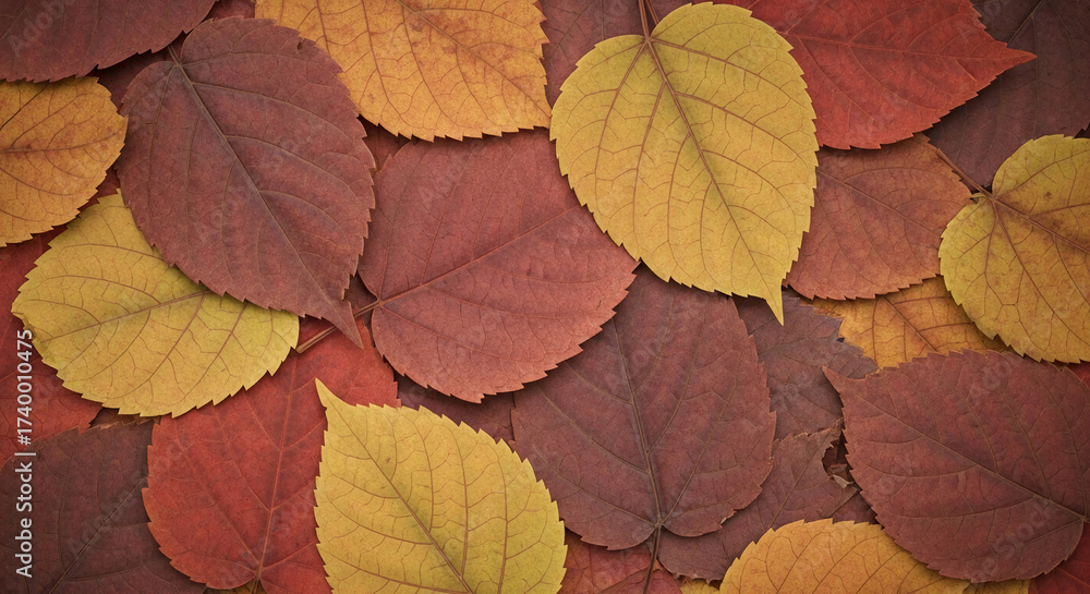 Fototapeta premium Close-up of autumn leaves in yellow, orange, and brown hues, creating a textured natural background, showcasing seasonal beauty and tranquility, ideal for fall-themed designs