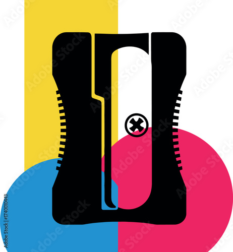 Black pencil sharpener icon on cmyk color background for graphic design, education, office, school supplies, art and creative business vector illustration.