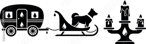 Set of magic and winter travel silhouette vector icons featuring a gypsy caravan trailer, a sleigh with a husky dog, and a candelabra with melting candles, all adorned with stylized teardrops.