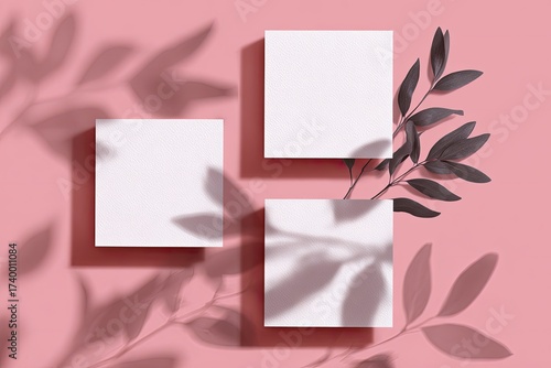 Three blank square cards, adorned by a dark leaf branch and shadow play against a pink background