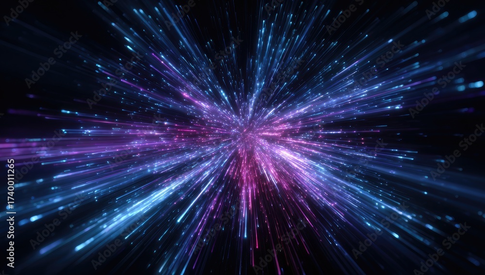Fototapeta premium Abstract, vibrant explosion of light rays radiating outward from a central point in dark space