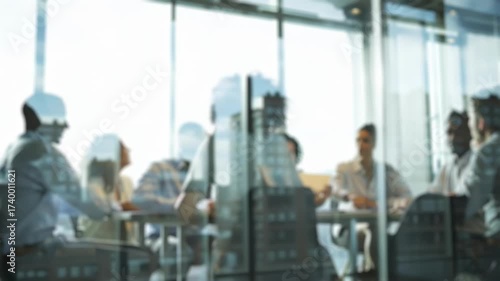 A diverse team of professionals in a B2B meeting. They are collaborating in a modern glass-walled office, illustrating teamwork, strategy, and corporate success