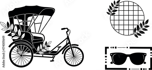 Set of travel and culture silhouette vector icons featuring a traditional asian rickshaw or pedicab with leaves, classic sunglasses in a frame, and a mesh pattern with laurel branches.
