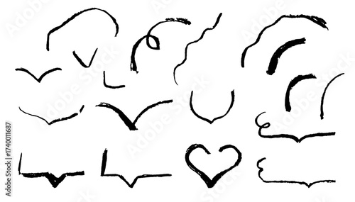 Crayon text box frame vector. Doodle pencil line speech bubble for highlight or emphasis effect. Rough grunge kid handdrawn charcoal underline element. Thin black children draw squiggle art set.