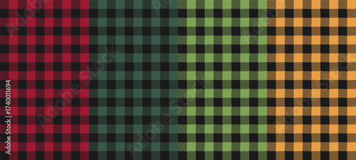 Red plaid pattern for seamless Christmas card background. Green tartan festive texture. Repeat vichy flannel fabric print with buffalo checkered design. Traditional british stewart gingham wrapping.