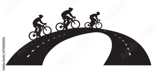 Cycling Silhouette Vector of Bikers Riding on Mountain Hill Path, Outdoor Sports Illustration