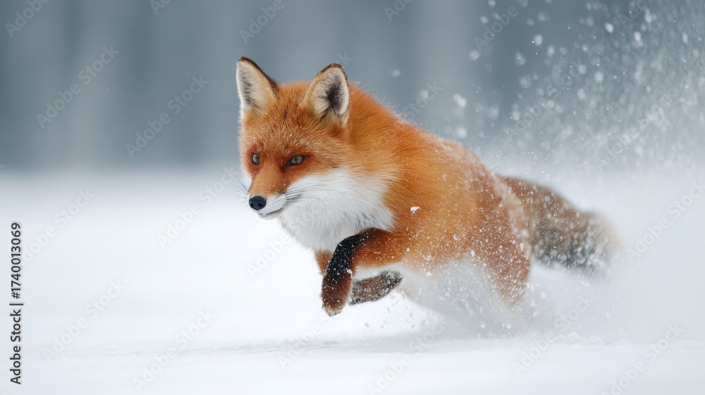 Obraz premium Red Fox jumping, Vulpes vulpes, wildlife scene from Europe. Orange fur coat animal hunting in the nature habitat. Fox jump on the green forest meadow with first snow. Wildlife scene from nature.