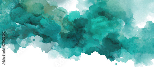 Abstract watercolor painting with teal and white clouds, outlined with black