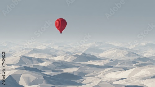 Single Minimalist Red Hot Air Balloon Floating Above Abstract Mountain Landscape