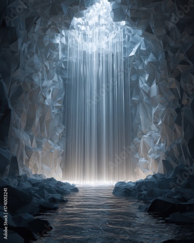 Abstract Polygeometric Waterfall in a Cave Surrounded by Crystalline Rock Formation and Light
