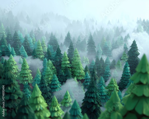 Stylized Dense Forest with Trees Surrounded by Wispy Clouds in a Dreamy Landscape Scene