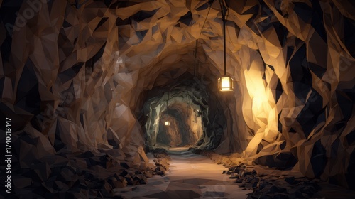 Intricate Underground Mine Tunnel Network with Illuminated Pathways in a Complex Structure