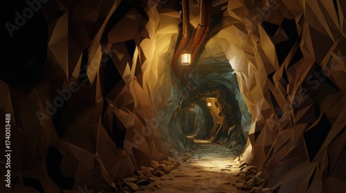 Detailed View of an Underground Tunnel in a Complex Mine Environment with Lighting Features