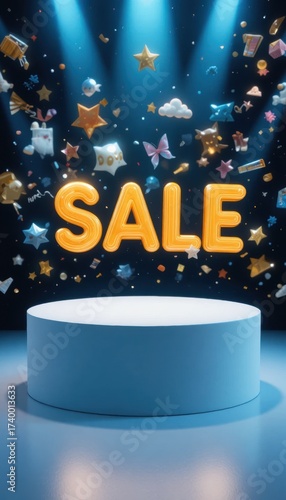 Large orange SALE text floats above a blue stage with falling confetti and gift boxes under spotlights