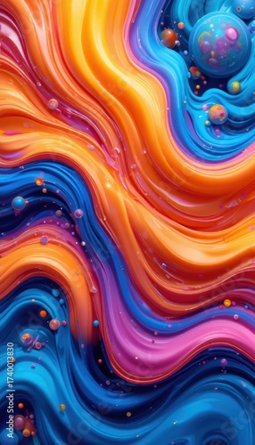 Swirling abstract waves of vibrant blue orange and pink with floating spheres and droplets