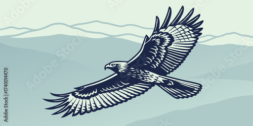Hawk  in Motion Vector Art mountains beck view isolated background.