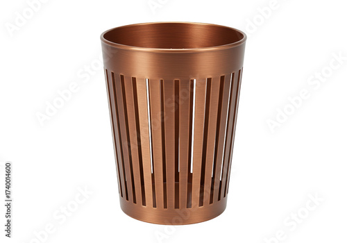 Copper metal waste paper bin isolated, stylish trash can for office or home use
