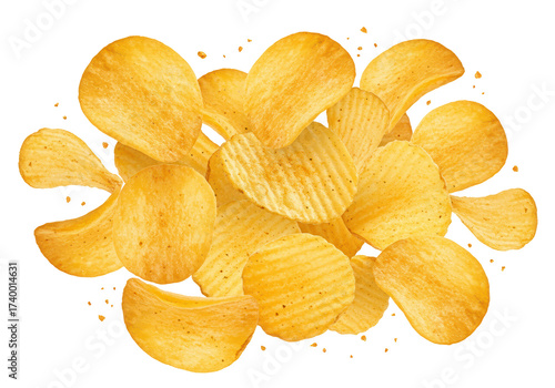 Pile of golden crispy potato chips isolated on transparent background, snack food PNG
