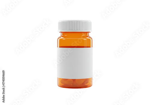 Amber pill bottle with white cap and label isolated, medicine container for healthcare and pharmaceutical use