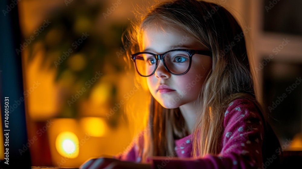 custom made wallpaper toronto digitalFocused Young Girl with Glasses Engaged in Learning at Night, Surrounded by Warm Ambient Light, Displaying Curiosity and Concentration on a Screen