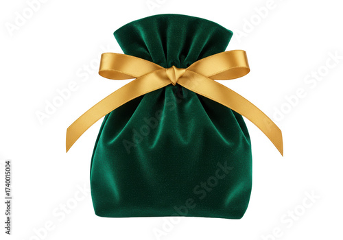Green velvet pouch with golden ribbon isolated, elegant gift bag for jewelry or small presents
