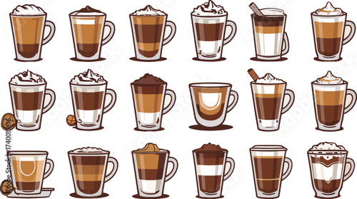 Variety of Coffee Drinks in Clear Glass Mugs Vector Illustration