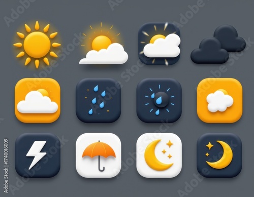 Collection of Weather Icons Depicting Sunny, Partly Cloudy, Cloudy, Stormy, Rainy, Night, and Moon Phases for Weather Forecast and Climate Applications