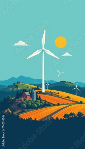 A vibrant illustration of a large wind turbine standing tall amidst rolling hills and farmland under a bright sun with a clear blue sky and a few clouds, showcasing renewable energy generation