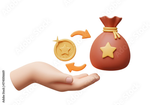 Hand exchanging gold coin for money bag isolated PNG, financial transaction concept