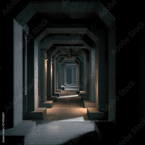 Wallpaper Mural 3D Sci-Fi Corridor with Blocky Aesthetic Featuring Simple and Unique Architectural Design Torontodigital.ca