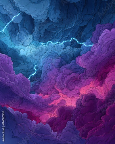 Turbulent Stormy Sky with Shaded Clouds and Swirling Patterns Illuminated by Lightning