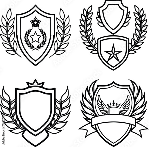 Laurel wreath, shield, wing, ribbon, and banners vector set. Laurel wreaths, shields, wings, ribbons illustration for awards, heraldry, logos, badges, and branding designs

