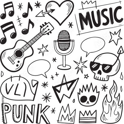 Hand drawn musical instrument and note doodles for creative projects