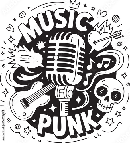 Collection of hand drawn music icons with various instruments and symbols