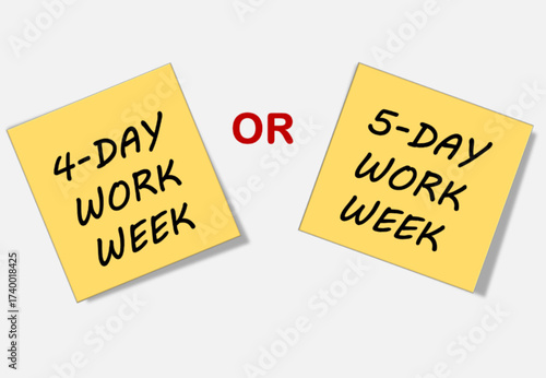 Vector illustration of two yellow sticky notes, one reading 4-Day Work Week and the other 5-Day Work Week, separated by the word Or.