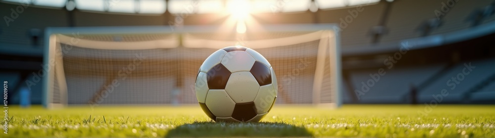 Fototapeta premium Soccer ball sitting on the grass in front of a goal