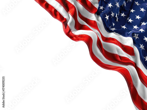 Close-up of an American flag, flowing dramatically, against a black background.  Stripes of red and white, stars on a blue field,  rippled fabric